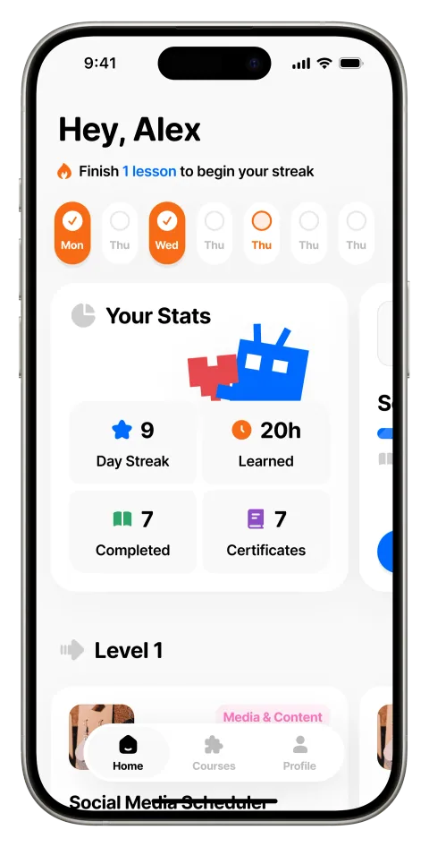 Edumio mobile dashboard with a 28-day learning plan and progress stats